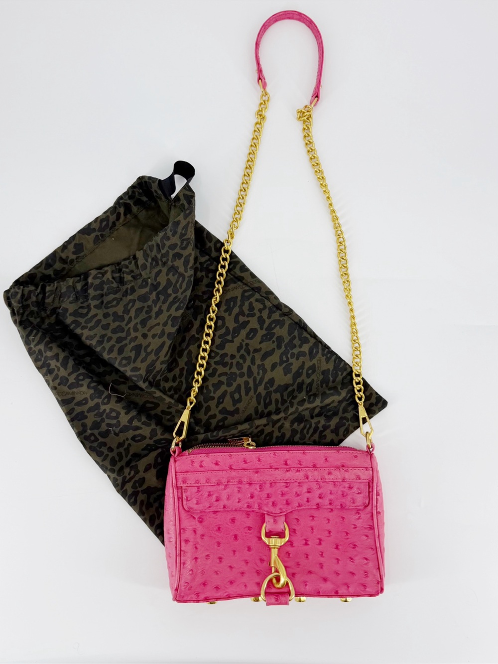 Rebecca Minkoff Pink Ostrich Embossed Clutch Crossbody Purse Gold Accents